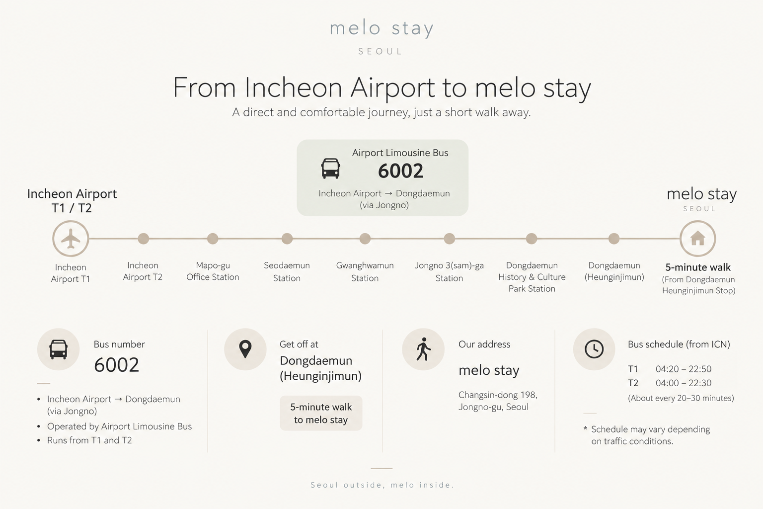 Travel guide: from Incheon Airport to melo stay by bus 6002